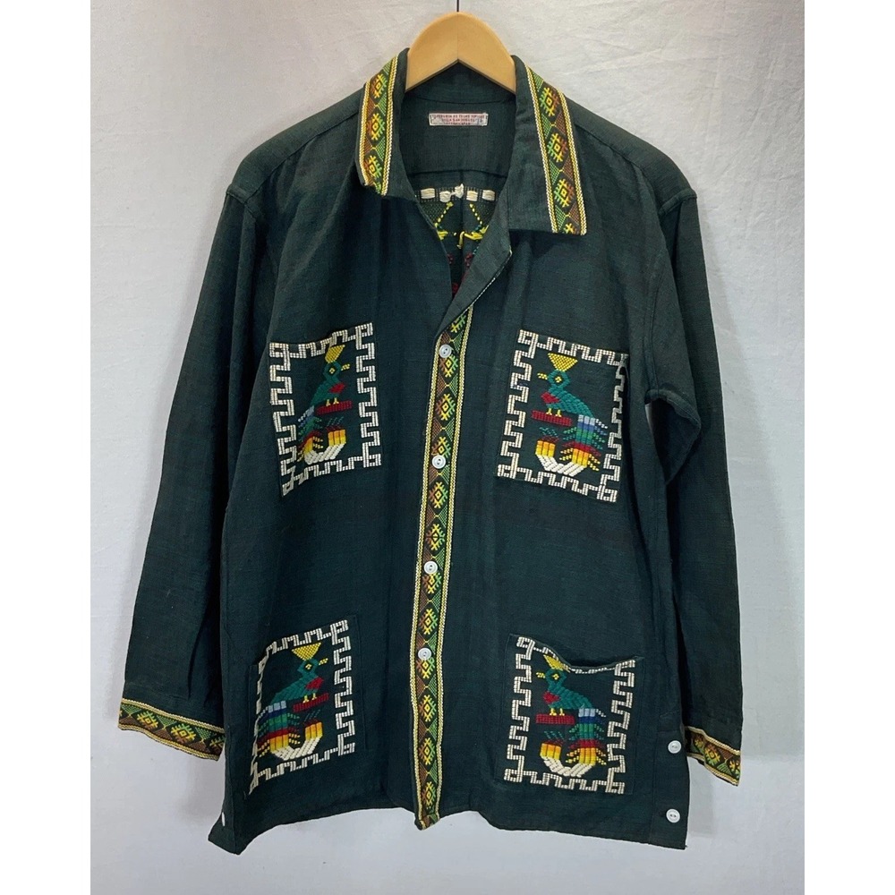 Vtg 70s Guatemalan Shirt Jacket L Quetzel Handwoven Aztec Sz M Cotton Colorful